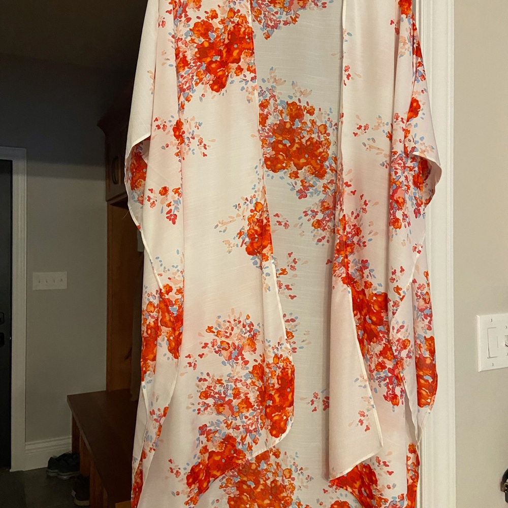 Floral Open-Front Kimono in Cream and Orange
